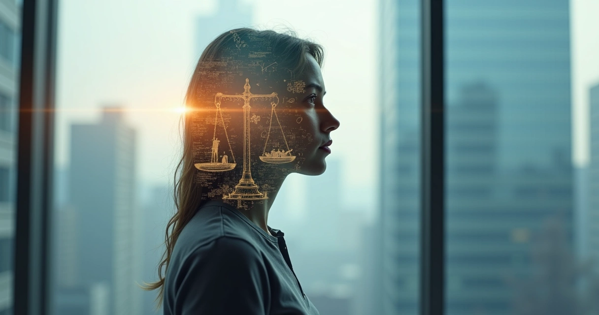 Person weighing intuition and bias in a double exposure city scene 