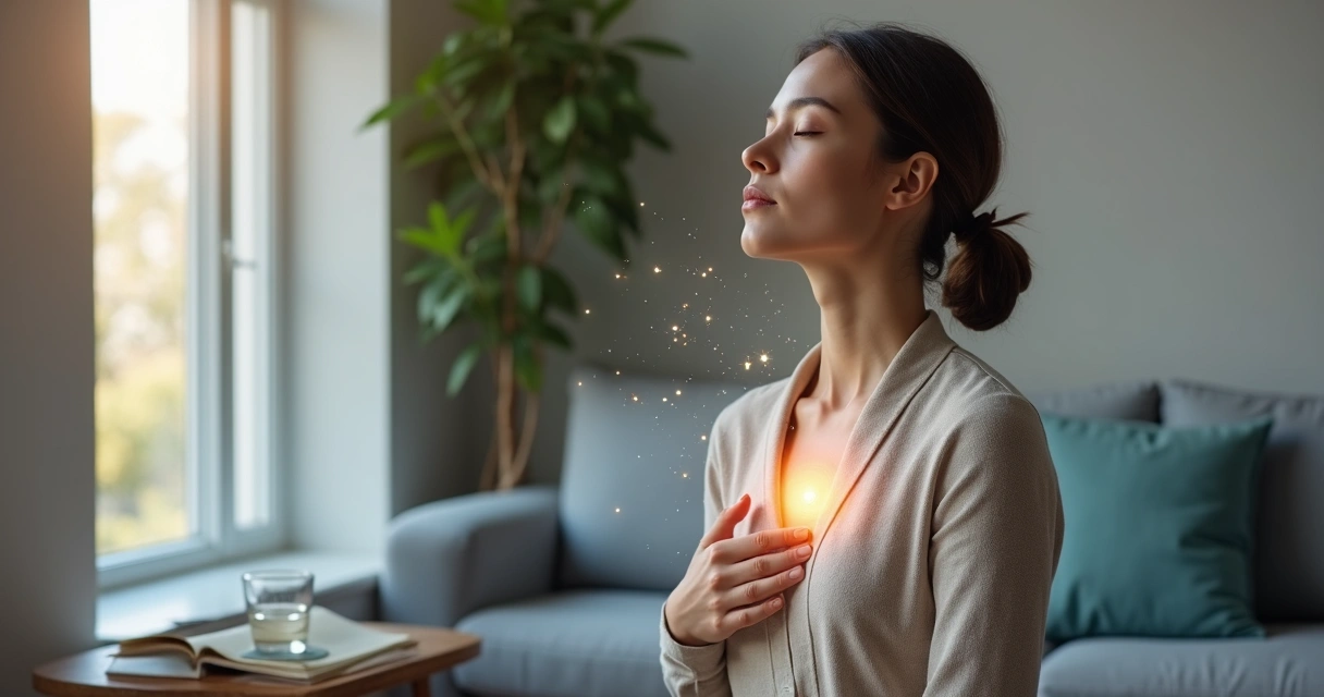 Coach with closed eyes touching heart and head surrounded by subtle light and abstract patterns 