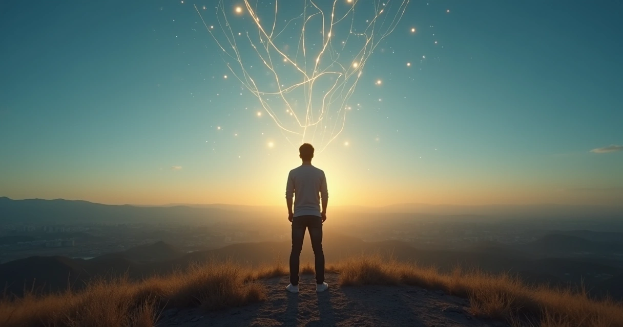 Person on a hill at dusk with glowing paths of light emerging from their chest and head 