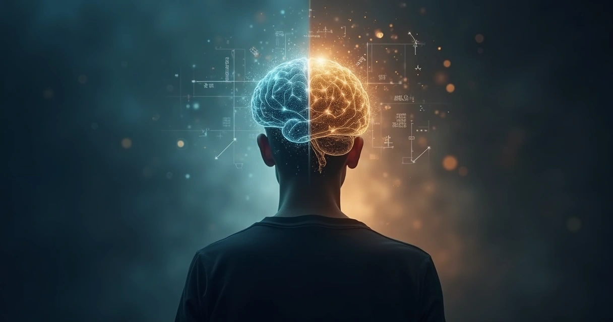 Human silhouette with divided brain showing rational and intuitive paths 