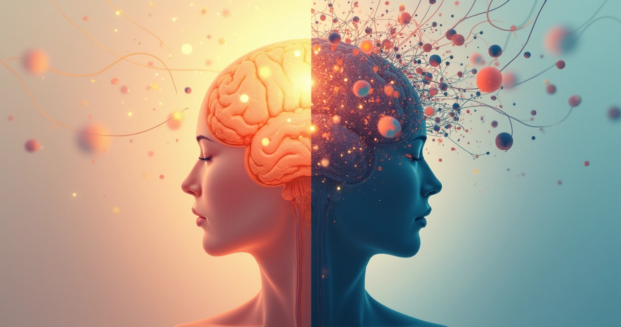 Illustration showing a person with a glowing brain on one side and a heart on the other, surrounded by gears and soft colors. 