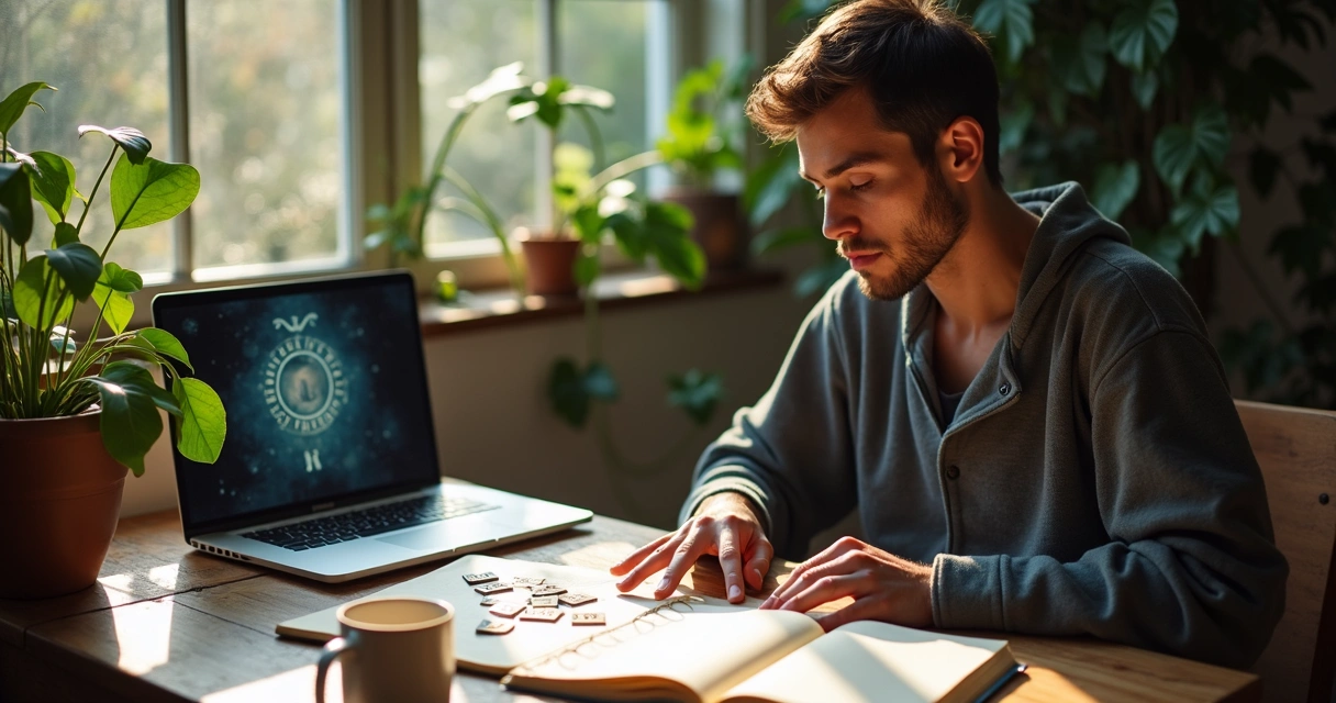 Modern rune reader in reflective moment 
