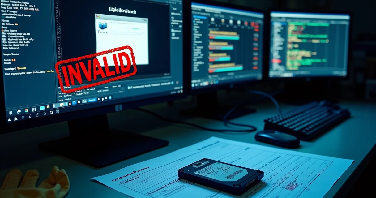 Laboratório forense digital com prova em tela marcada como inválida 