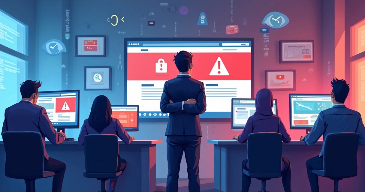 Sala de TI invadida simbolicamente mostrando computadores em alerta.