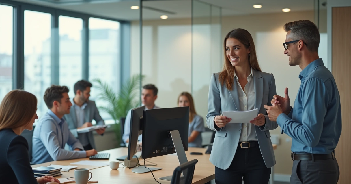 Colega observa com inveja outra profissional sendo elogiada pelo gestor em escritório moderno 