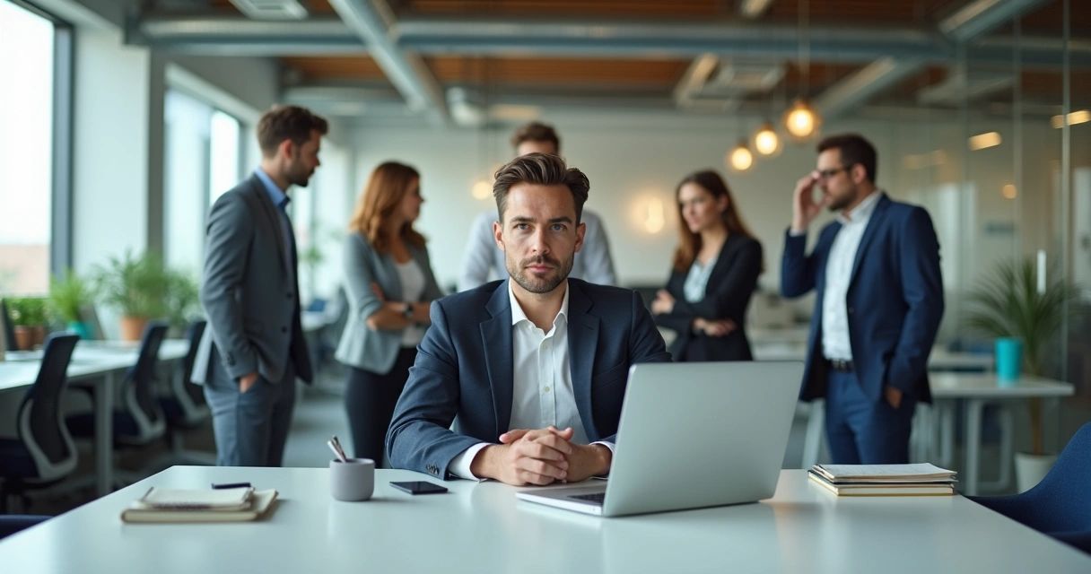 Equipe em escritório com foco em uma pessoa isolada ao centro 