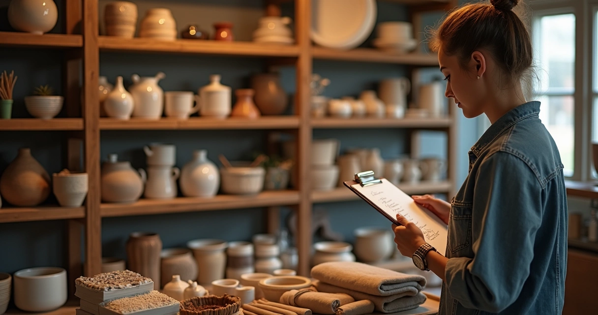 Estante con productos artesanales y hojas de registro a mano