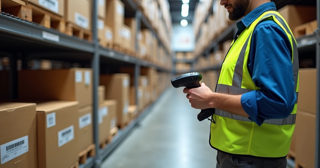 Funcionário fazendo inventário automático de estoque com coletor 