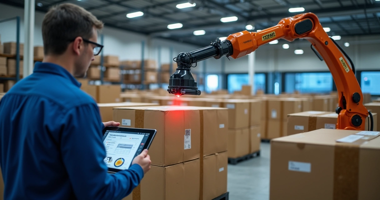 Robô realizando contagem de estoque com caixas e sensores 