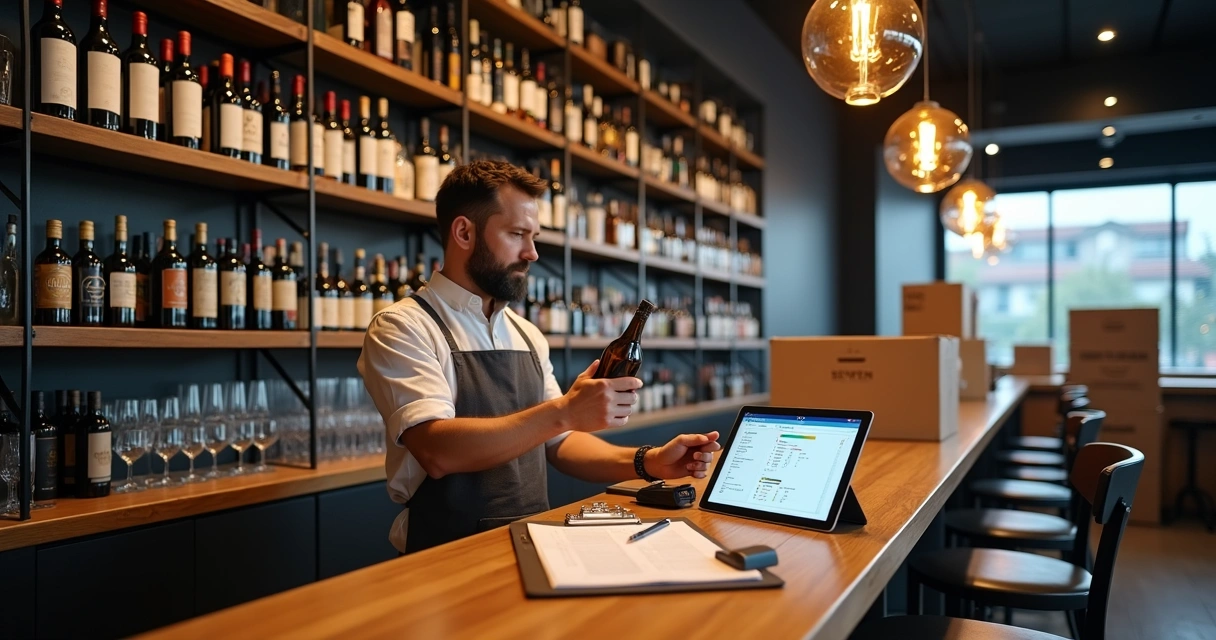 Gestor de bar organizando inventário de garrafas de bebidas em prateleiras 