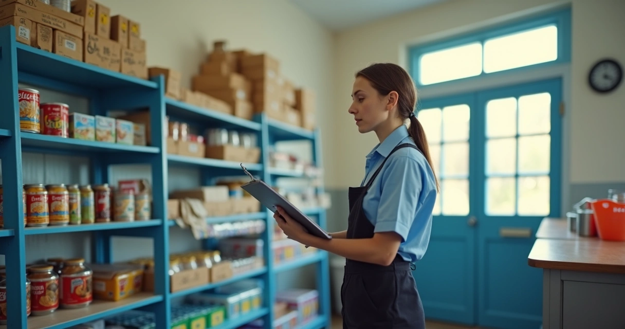 Funcionário faz conferência manual de estoque em cantina escolar 