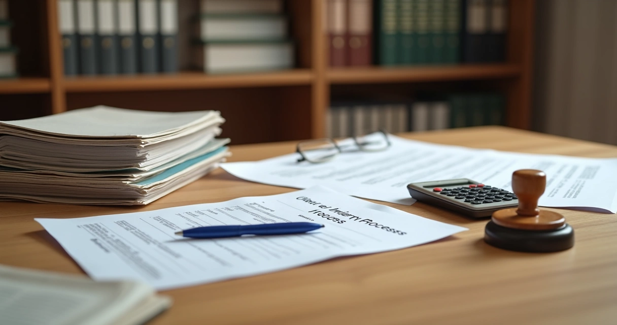 Documentos de inventário sobre mesa em cartório 