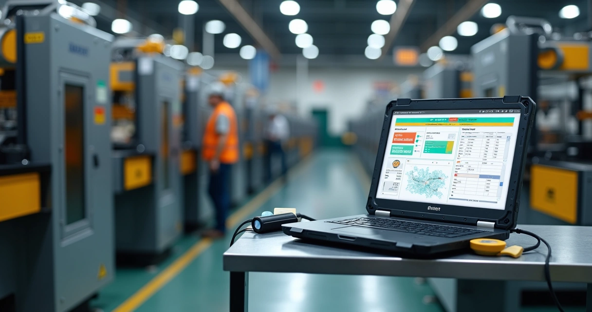 Tela com inventário digital de máquinas ao lado de linha de produção industrial 