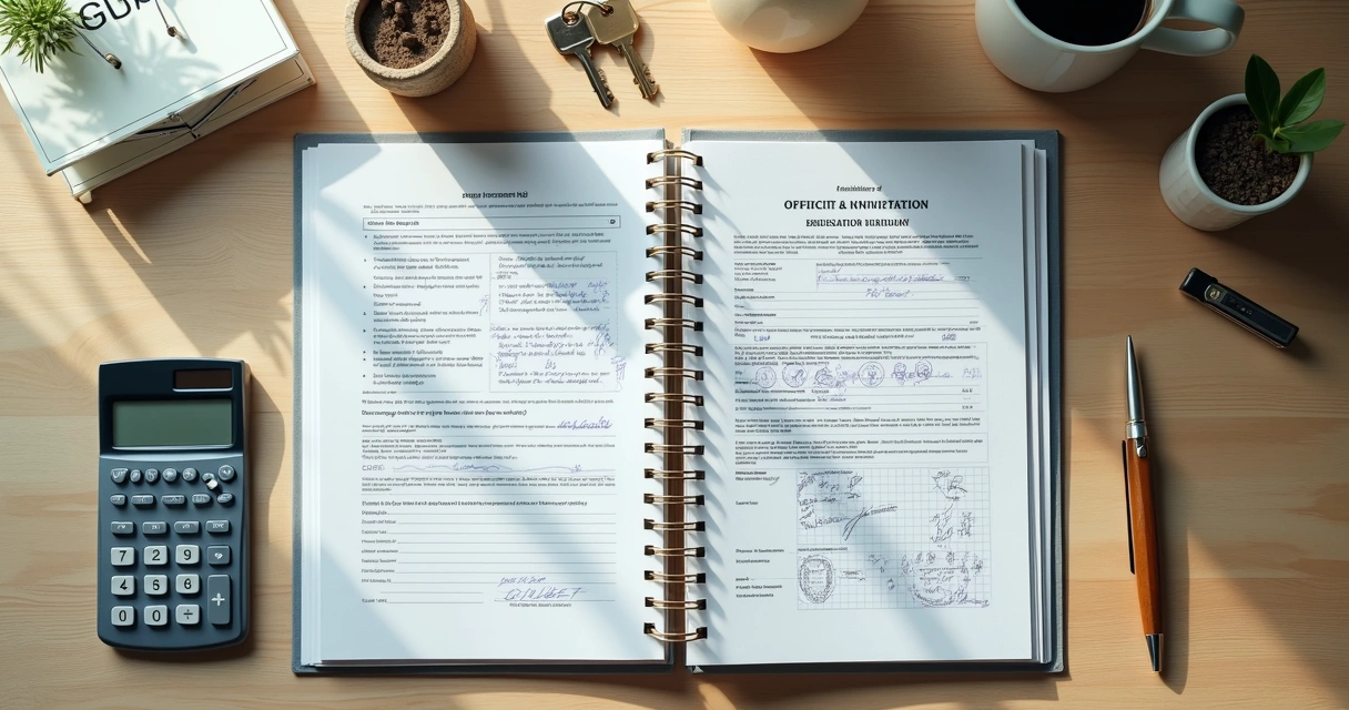 Documentos de inventário e matrícula de imóvel sobre mesa