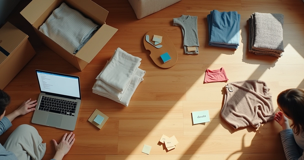 Pessoa organizando lista de objetos e separando para doação 