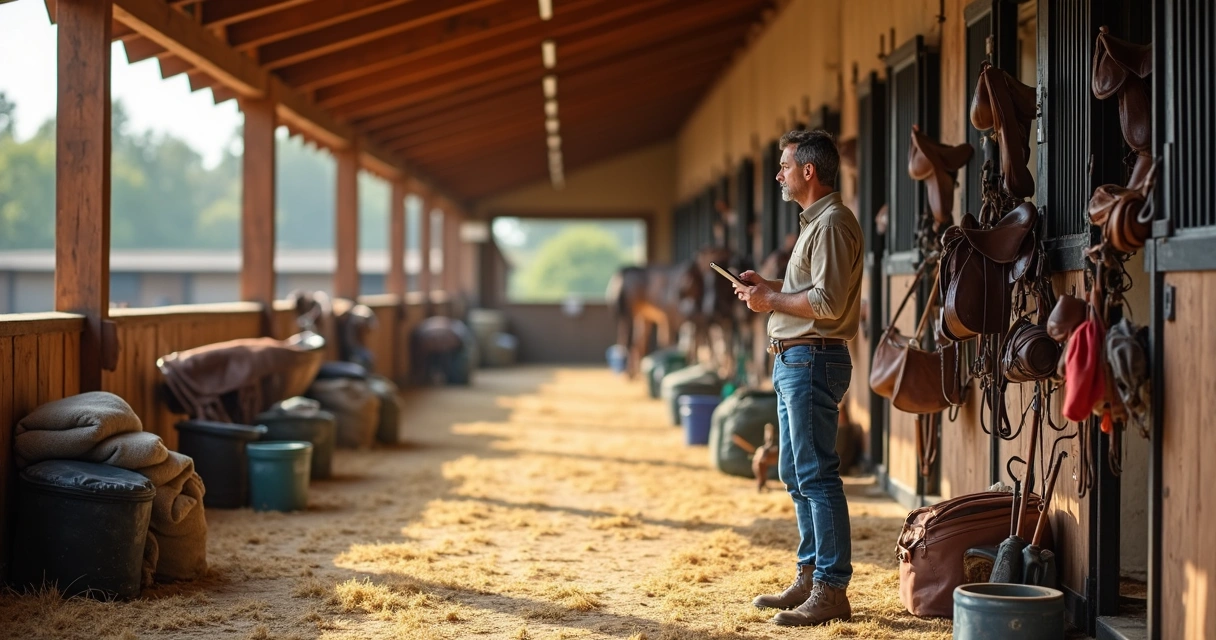 Gestor de haras conferindo inventário de equipamentos em um estábulo organizado 