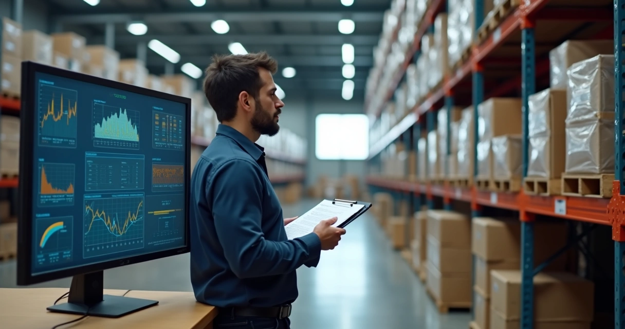 Gestor analisando relatórios digitais de estoque em monitor e prancheta, nos bastidores de um armazém moderno 