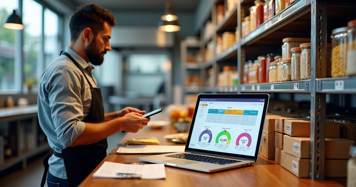 Gestor de restaurante conferindo estoque com relatório semanal na tela 