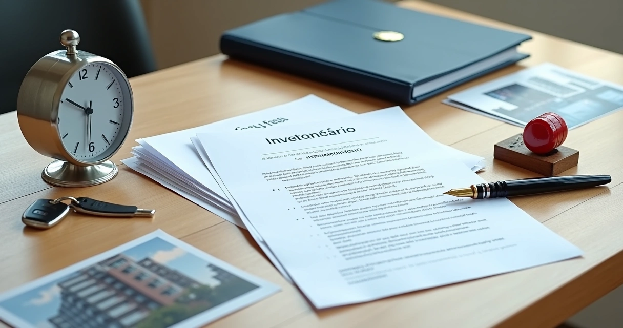 Mesa de cartório com documentos de inventário organizados e carimbo elegante 