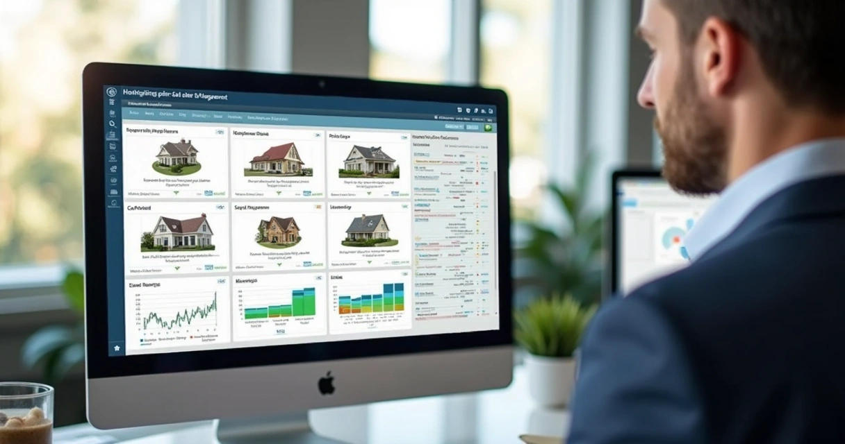 Tela de sistema imobiliário digital com lista detalhada de imóveis, fotos organizadas e gráficos de estoque