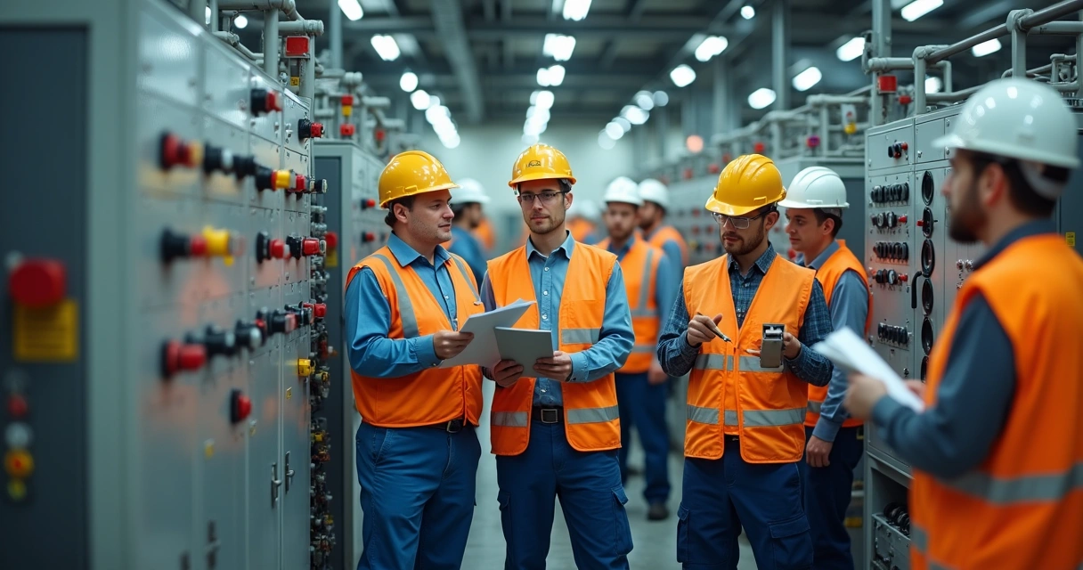 Técnicos analisando máquinas industriais em fábrica