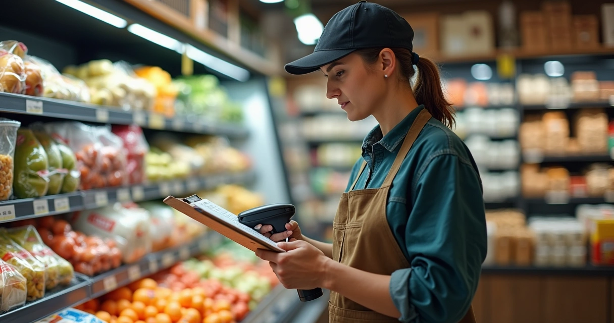 Funcionário conferindo estoque de prateleira de mini mercado 