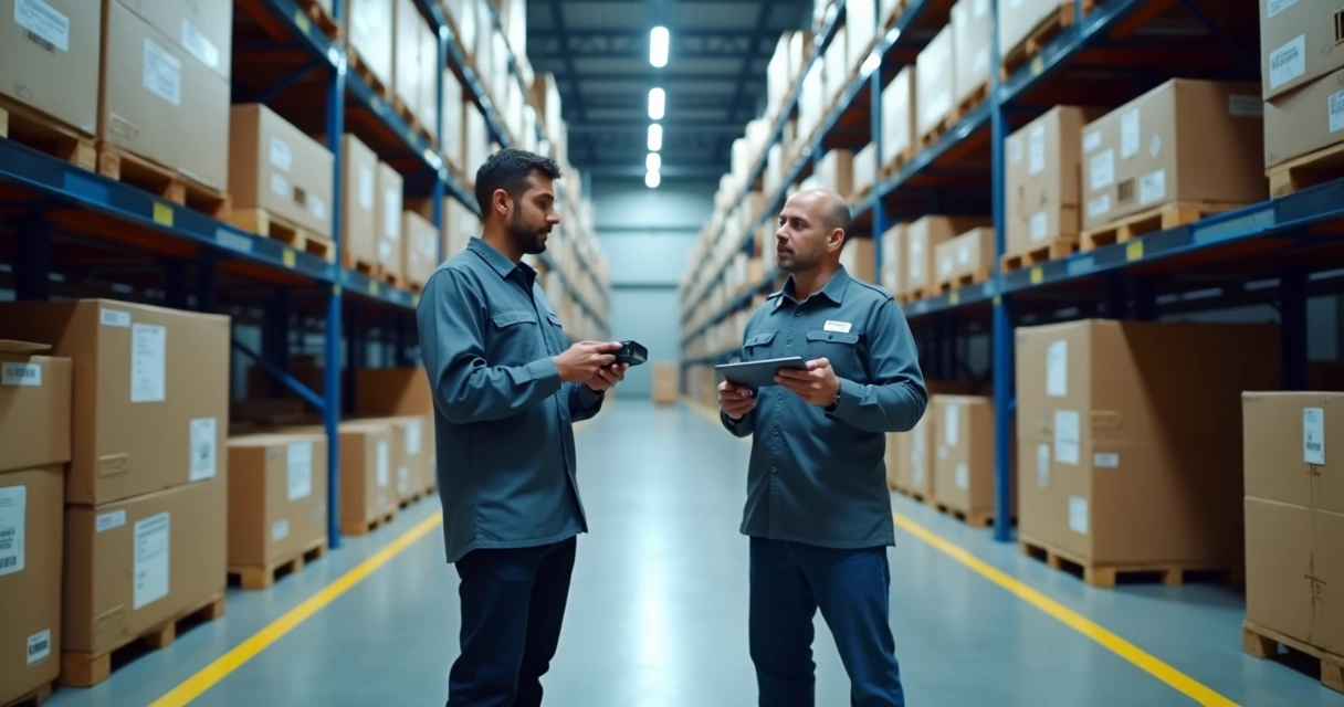 Equipe conferindo estoque em corredor de armazém 