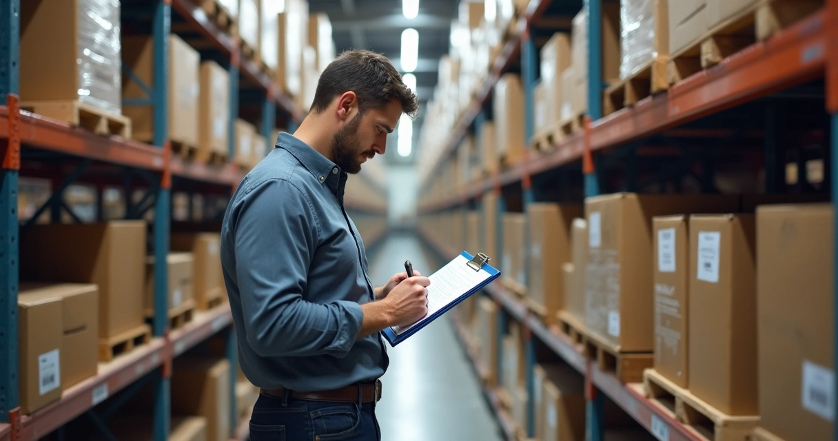 Pessoa conferindo lista em área de estoque com prateleiras cheias de produtos