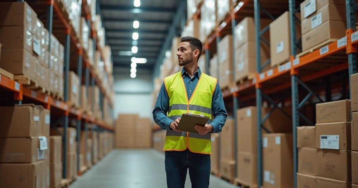 Funcionário contando caixas empilhadas em estoque 