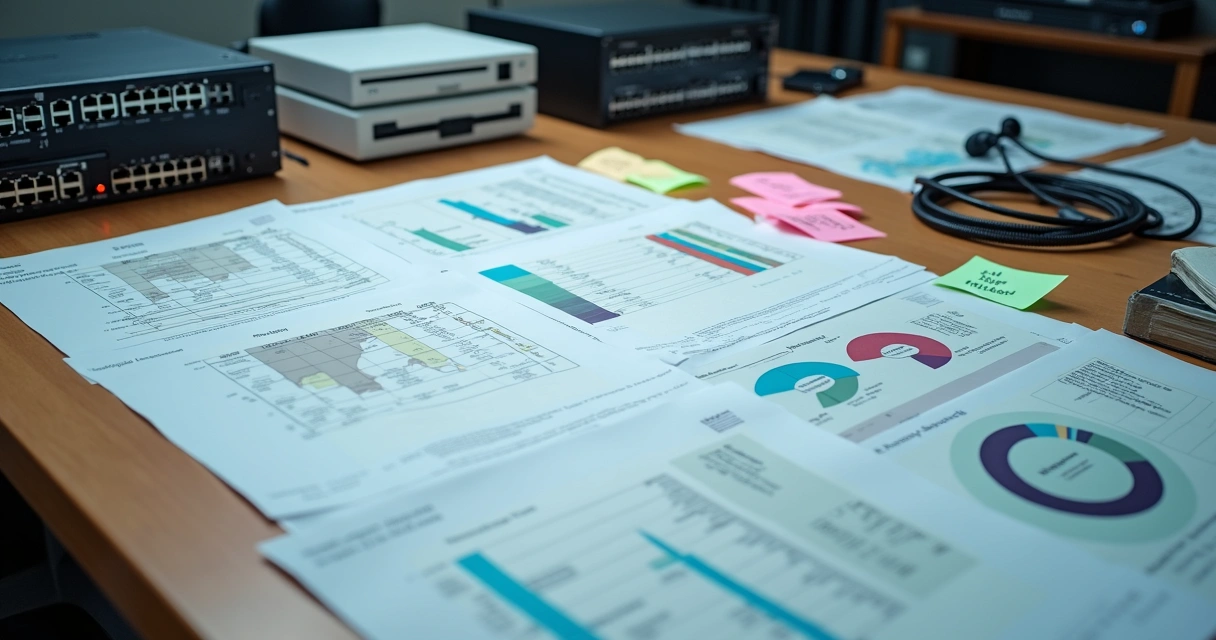 Inventário técnico e financeiro de um provedor de internet, com equipamentos, dados financeiros e clientes organizados em uma mesa 