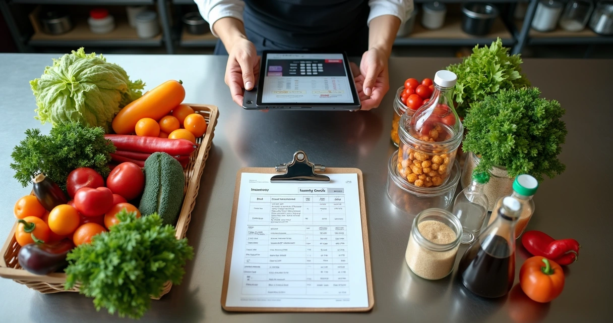 Contagem de estoque com alimentos e planilha em cozinha profissional