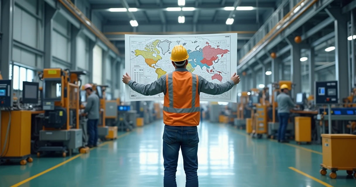 Técnico de segurança olhando mapa de riscos em fábrica