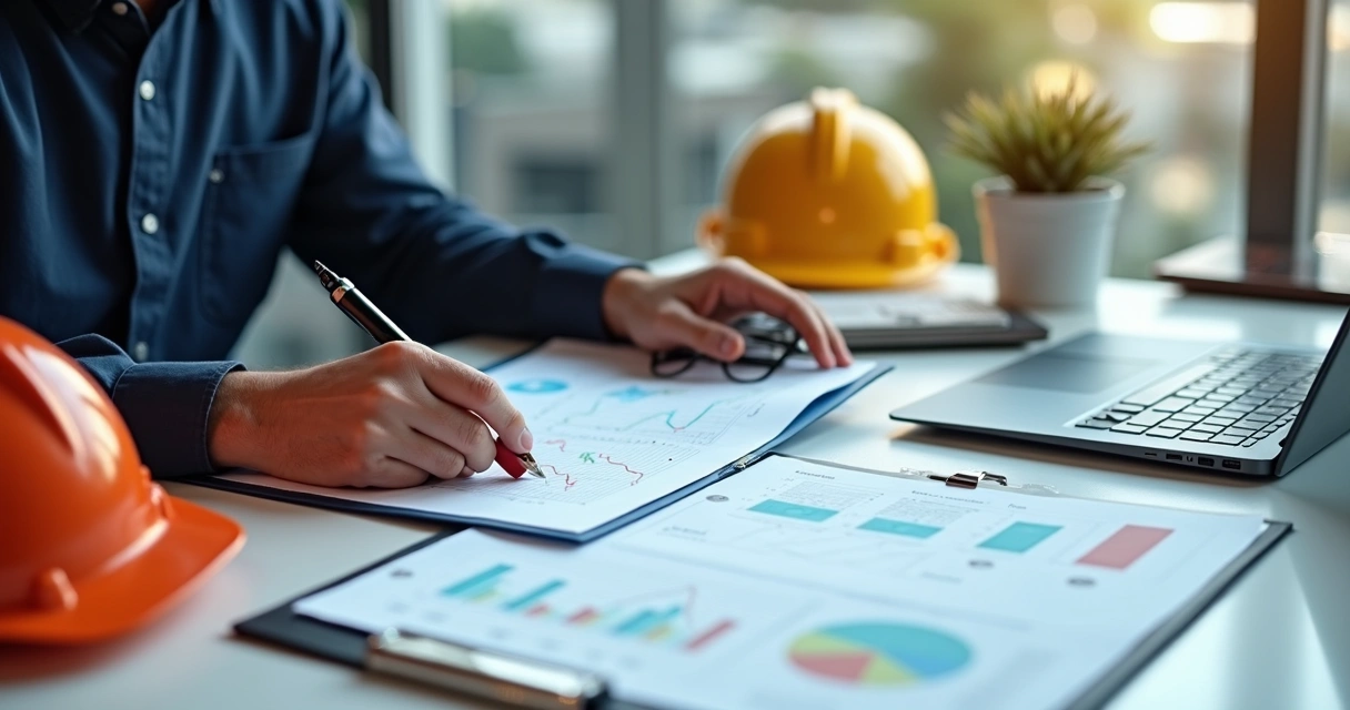 Profissional de segurança do trabalho analisando documentos de inventário de riscos em escritório moderno e iluminado