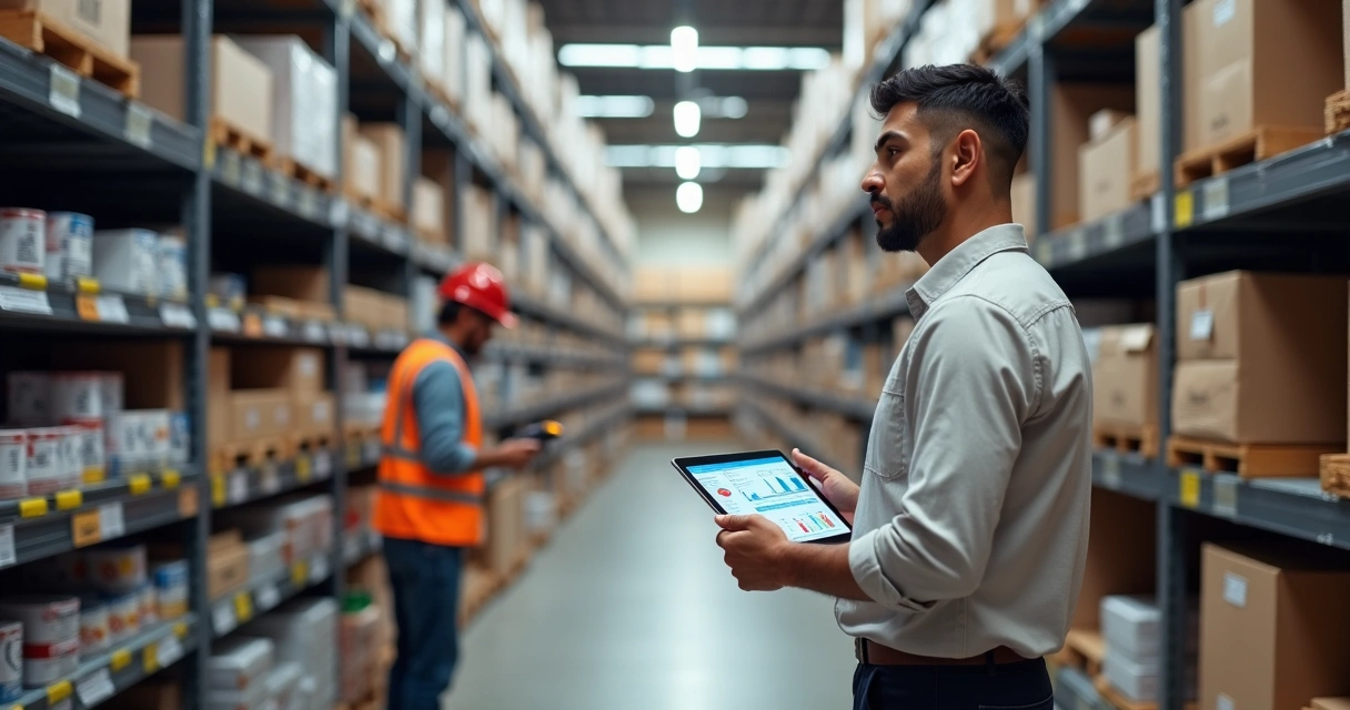 Gestor conferindo inventário rotativo em estoque de supermercado com tablet 