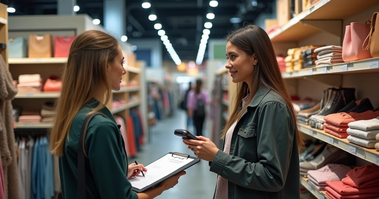 Equipe de loja contando produtos nas prateleiras com prancheta e leitor de código. 
