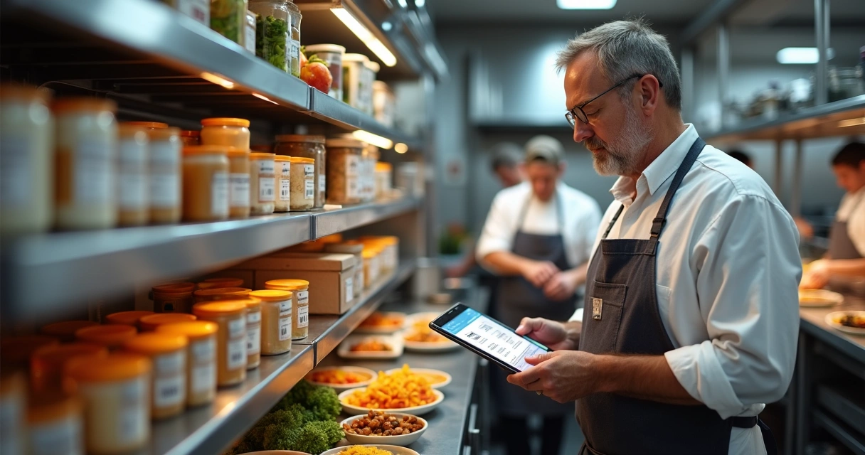 Gerente conferindo estoque com tablet em cozinha industrial em operação 