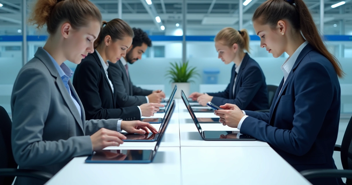 Colaboradores organizando tablets em empresa