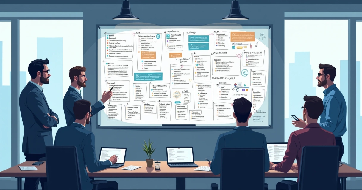 Equipe reunida frente a um quadro com inventário de tecnologias e plugins 