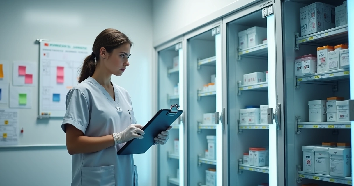 Farmacêutico organiza prateleiras de câmara fria hospitalar com etiquetas coloridas e prancheta digital 