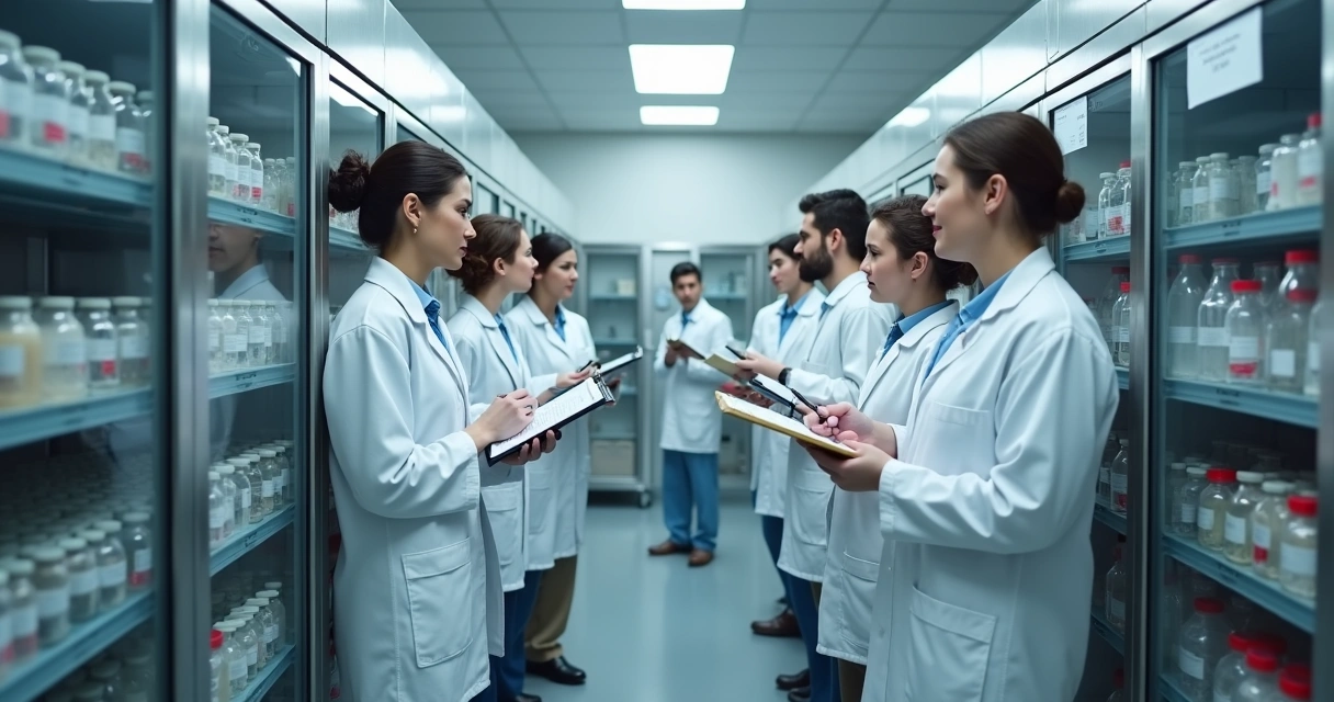 Equipe hospitalar organizando o inventário térmico em sala refrigerada