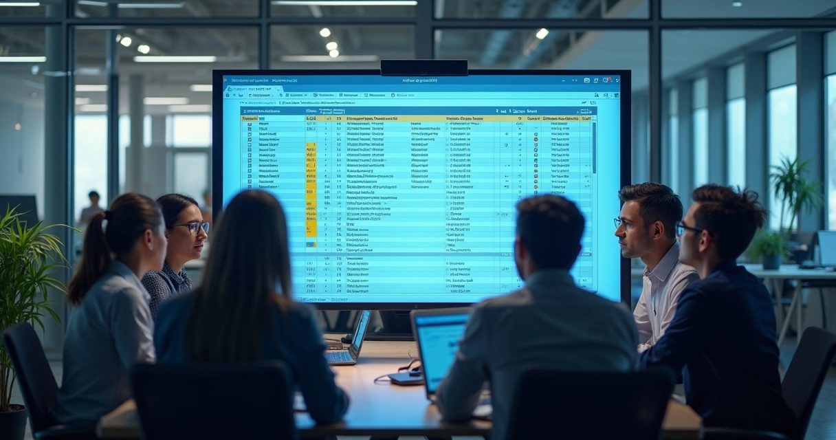 Colaboradores analisando lista de ativos de TI em escritório moderno 