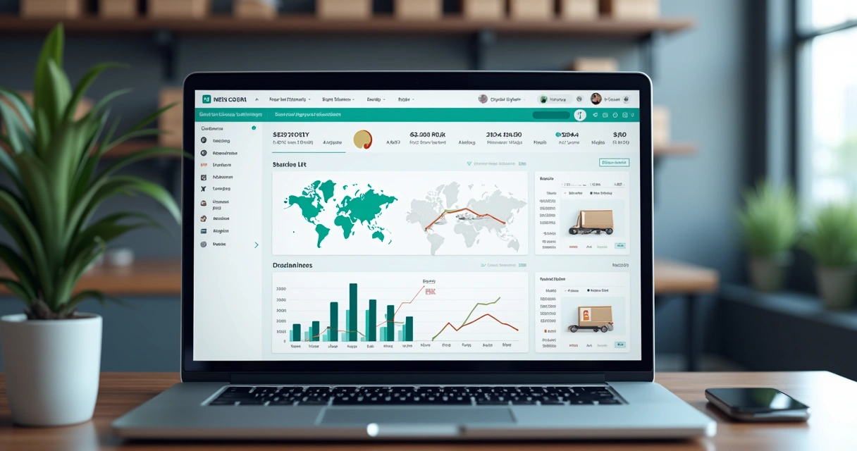 Laptop screen showing an inventory management dashboard with stock levels of physical and virtual stores displayed in graphs and charts 