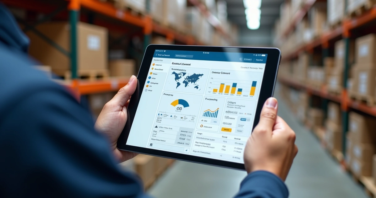 Integrated inventory management dashboard with tablet and warehouse 