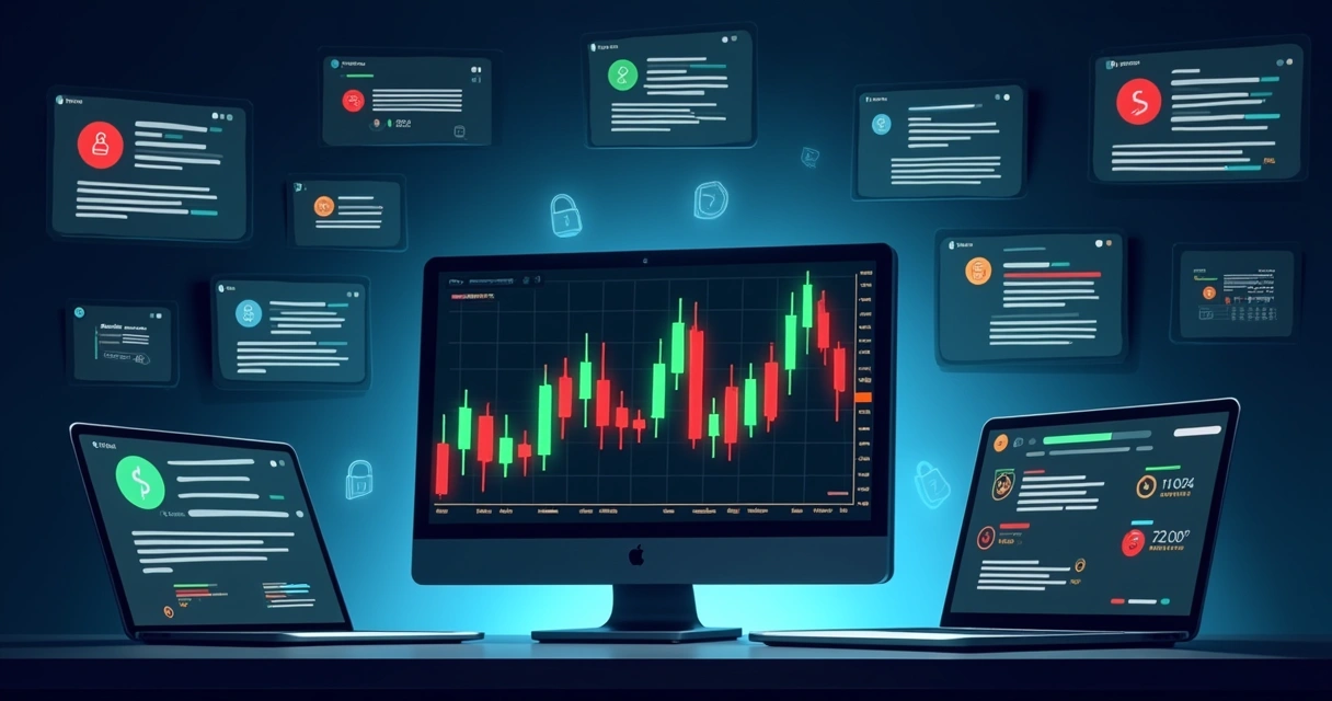 Ilustración de una sala oscura con monitores de fintech mostrando gráficos y comentarios de usuarios.