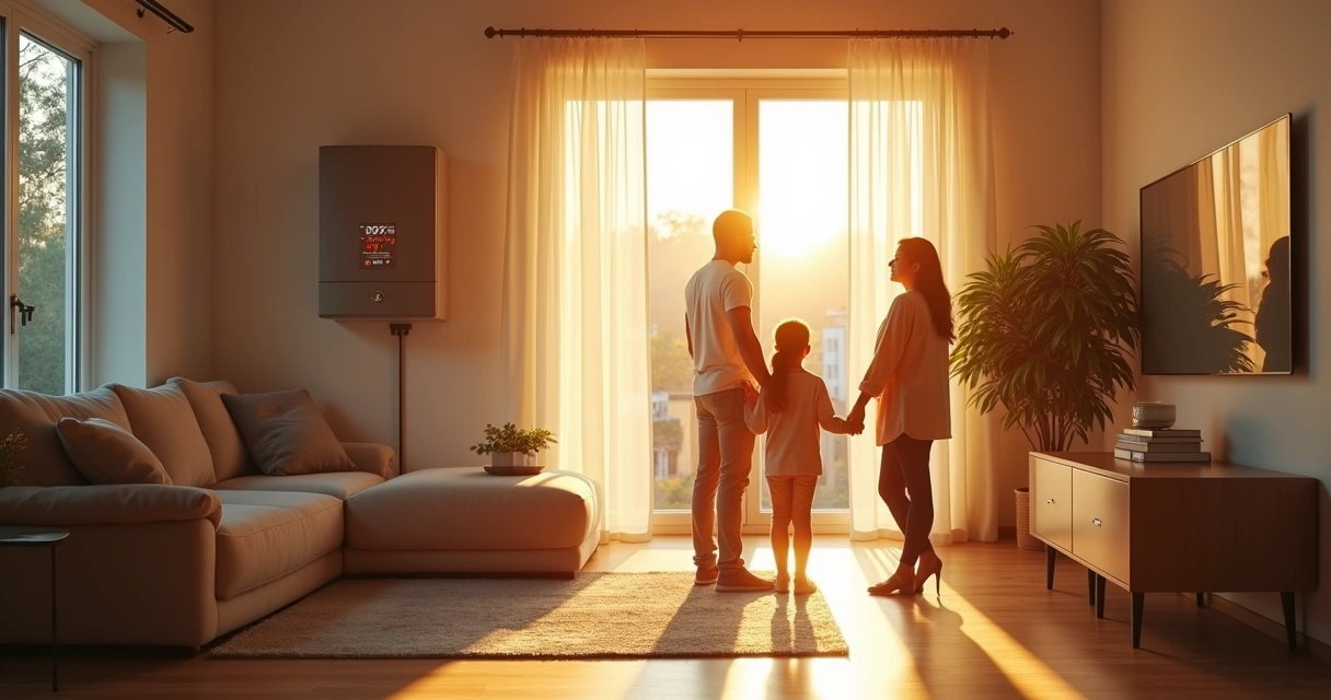 Família ao lado de inversor híbrido em casa moderna
