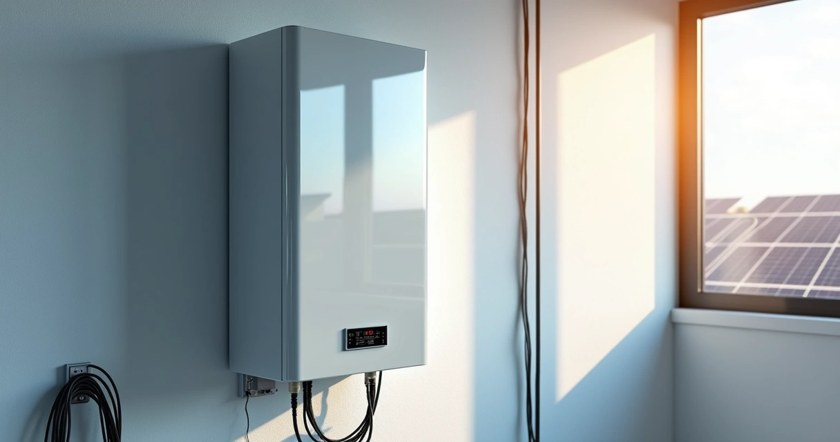 Painel solar com inversor híbrido instalado em parede branca, fiação organizada e luz solar ao fundo