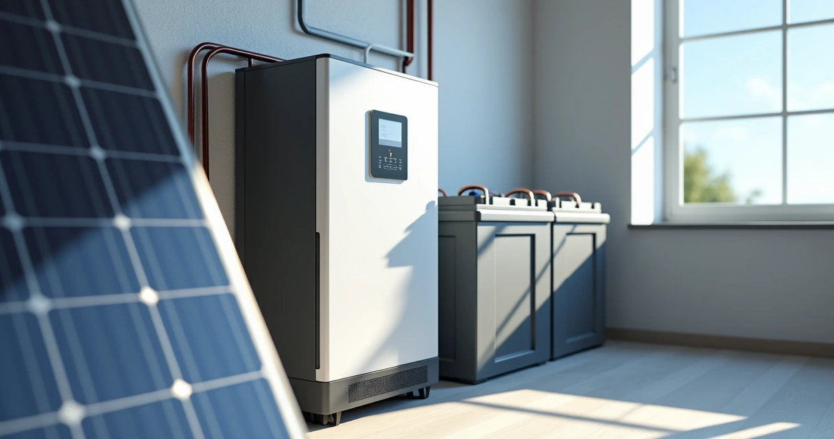 Painel solar conectado a um inversor híbrido moderno com tela digital, cabos organizados, e baterias para armazenamento de energia ao fundo 