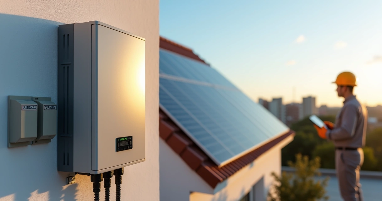 Técnico instalando inversor solar conectado a painéis no telhado 