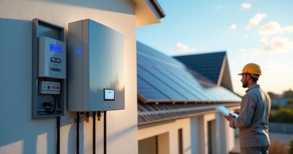 Técnico verifica inversor solar instalado em parede com painéis fotovoltaicos ao fundo 