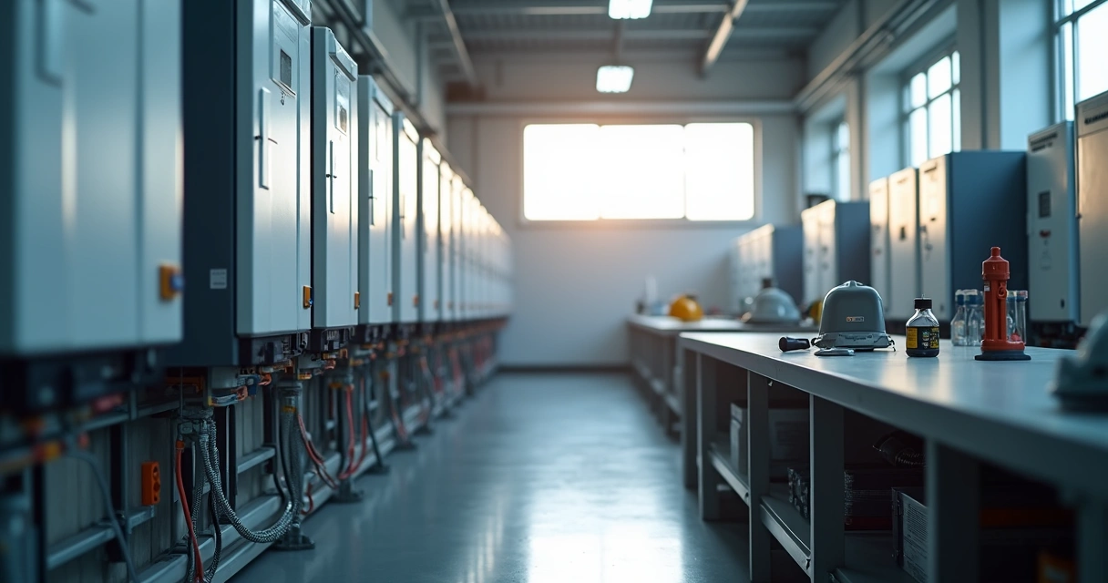 Inversores de energia solar alinhados em uma sala técnica